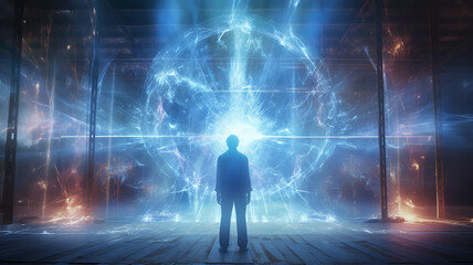 power of mind, energy, the silhouette of a person against the background of abstract energy impulses and flashes view from the back, the concept of esotericism