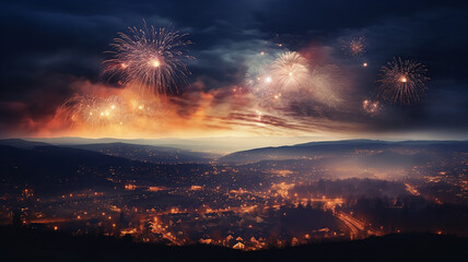 Obraz premium fireworks over the city panoramic view of the sky with fireworks flashes, abstract festive letterhead
