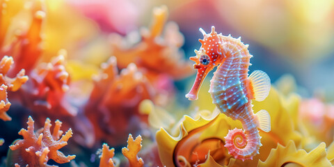 An unusual seahorse floating in the ocean against a background of colorful corals and algae. Crystal clear sea water for the inhabitants of the underwater world. - obrazy, fototapety, plakaty