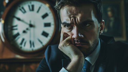 Business leader making a difficult decision under pressure, with resolute expression and the clock ticking in the background, representing the challenges of time-sensitive decisions - obrazy, fototapety, plakaty