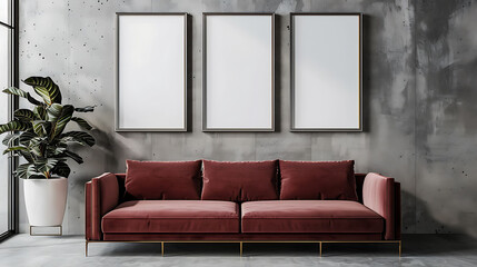 Multi mockup poster frames on a sleek glass panel, near a luxurious velvet sofa