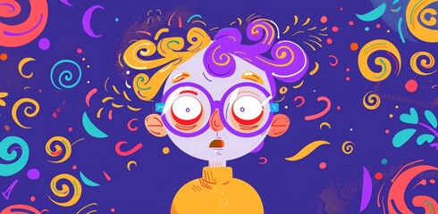 vector flat illustration of a cute and funny character with glasses that is playing pranks on people.  a funny person with big glasses and colorful spirals on a purple background for a banner design
