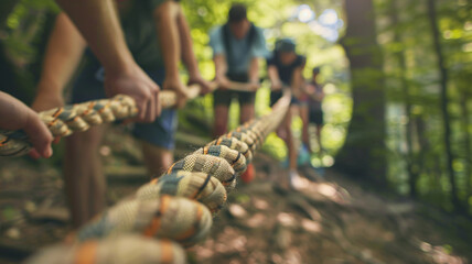 Corporate team building retreat, with a close-up on outdoor team activities and bonding moments, emphasizing the value of camaraderie and collective experiences