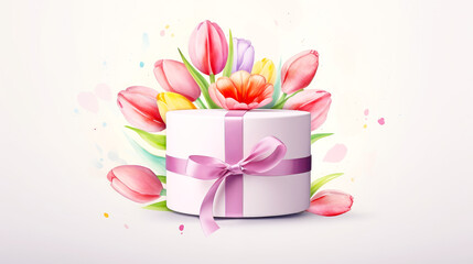 A vibrant bouquet of tulips in a gift box adorned with a ribbon. Concept of spring, fresh blooms that symbolize renewal and beauty. Perfect for Woman's Day, Mother's Day, birthday card.