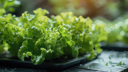 Neatly planted lettuce on a tablet with a clean background. Generative AI.