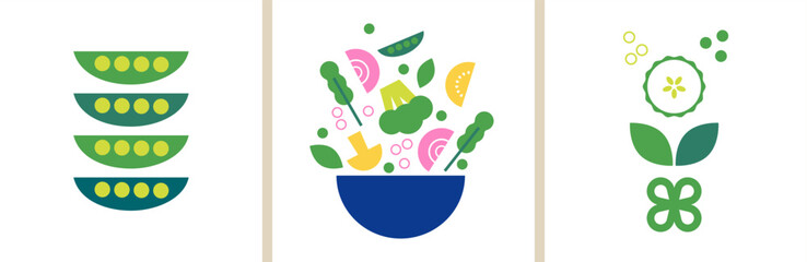 Vegetables collection. Decorative abstract flat vector illustration with green veggies. Salad bowl. Greens icon set. Perfect background for web posters, cover design. Go vegan. Healthy food concept - 756361396