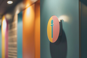 Gender-neutral bathroom sign in a corporate office, with a close-up on the sign, representing respect and accommodation for all gender identities