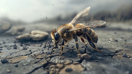 a barren world through a poignant photo depicting a lone bee lying dead on the ground, its legs drawn together, symbolizing the dire consequences of food scarcity and a looming health crisis. - obrazy, fototapety, plakaty