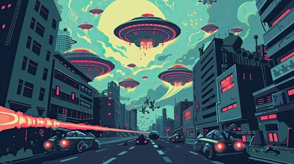 Pixel alien invasion. Pixelart, style, vintage, gaming, 8 bit, alien, spaceship, retro gaming, pixelated, arcade, old-school, video game. Generated by AI