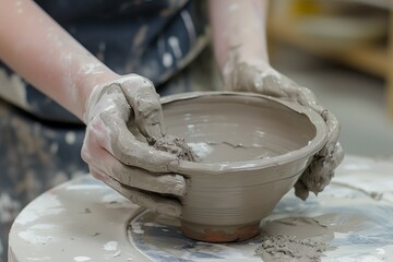 Close up shot of hands making clay vase at the ceramic pottery class. Concept of meditative hobby activities and mental health.