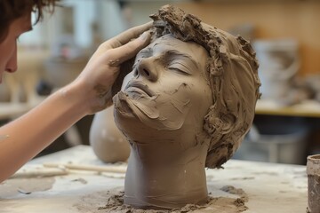 Close up shot of hands making clay human's bust at the ceramic  crafts workshop. Concept of meditative hobby activities and mental health.