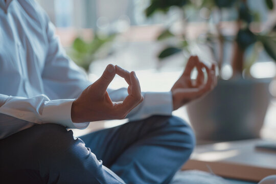 Leader meditating before making a significant company announcement, with a close-up on their serene posture and the tranquil setting, illustrating calmness and clarity in decision-making