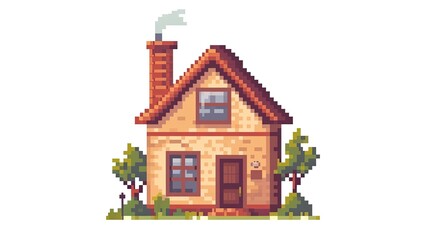 Pixel house. Style, comfort, family, roof, apartment, fortress, hearth, warmth, building, dacha, tree, home, window, brick, fireplace, street. Generated by AI