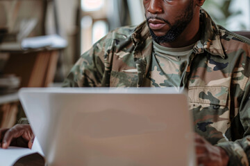 Military veteran transitioning to corporate leadership through a specialized training program, with transition materials and focused individual, diverse paths to leadership - obrazy, fototapety, plakaty