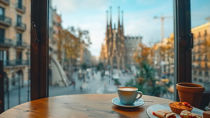 Close-up of a female hand holding a cup of coffee and La Sagrada Familia is in the background,...