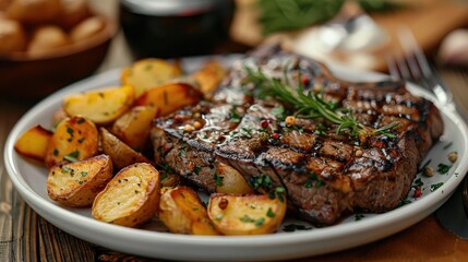 Grilled steak with fried potatoes served on the table with a glass of red wine. Generative AI.
