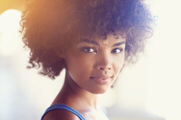 Outdoor, portrait and confident black woman with beauty or natural glow on skin from dermatology....