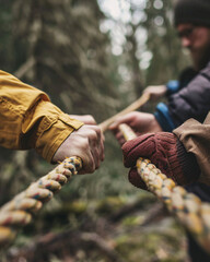 Team participating in an outdoor team-building activity, with a close-up on their hands holding onto a rope together, symbolizing unity and shared strength