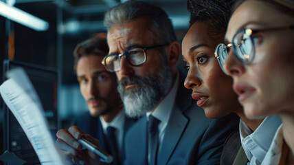 Team reviewing a company-wide cyber incident response plan, with a close-up on the plan and their serious expressions, showcasing preparedness and strategic planning