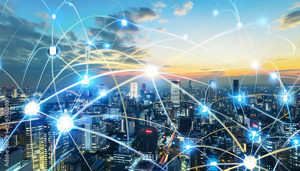 Aufkleber Next-Gen Connectivity: Exploring the Interplay of 5G, Cloud Computing, and Global Connectivity for Smart Cities