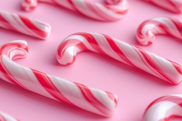 Festive red and white candy canes on a vibrant pink background, arranged in a top view flat lay style