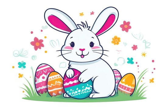 Happy Easter bunny on white background. Easter bunny with eggs