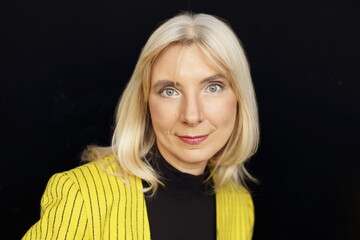woman in yellow jacket branding photo