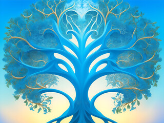 Fototapeta na wymiar A whimsical depiction of a fantastical blue tree with a heart at its core