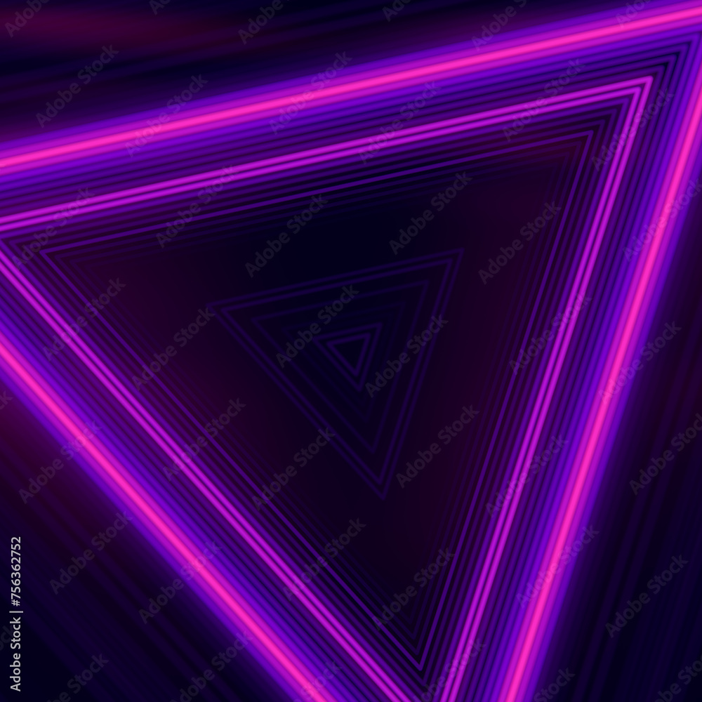 Poster pink neon triangular stripes of light on a dark purple background. 3d rendering digital illustration
