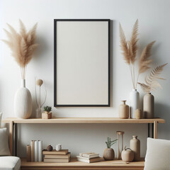 Wooden chair and framed poster in modern living room with white wall, showcasing empty black poster frame.