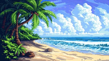 Pixel beach with palm trees. Style, jellyfish, hammock, cruise, vacation, swimming, sand, sea, sun, tan, relaxation, umbrella, swimsuit, heat, summer, water, pebbles, deck chair. Generated by AI - obrazy, fototapety, plakaty