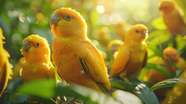 A group of yellow birds are sitting on a tree branch