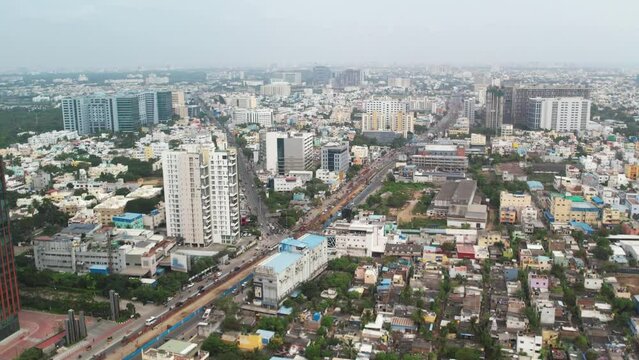 Drone Aerial Shot of Chennai City In Commercial Area with Traffic Cars and Buildings