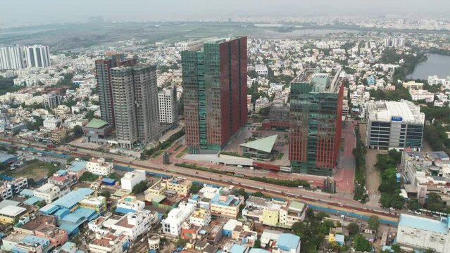Aerial shot of buildings in chennai commercial area filled with buildings and houses