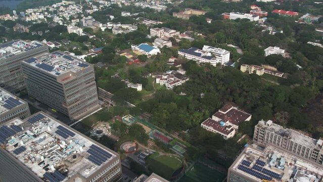 Aerial shot of Ramanujan IT park top view with solar power filled building.