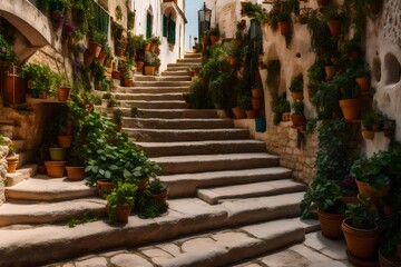 Stairs leading up to the ancient town in the historic center above a beautiful beach that is overgrown