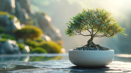 Fotobehang  A serene composition featuring a lone bonsai tree in a pristine white pot, evoking a sense of tranquility and balance © Noman