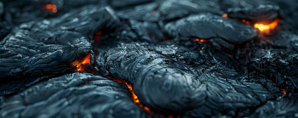 Close-Up of Black Volcanic Stones and Flowing Lava. Concept Nature Photography, Volcanic Landscapes, Close-Up Shots, Geology, Fiery Landscapes