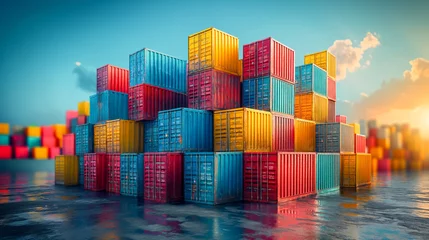 Foto op Plexiglas A towering assembly of colorful cargo containers, illustrating the structural might of global trade and logistics © Lila DK