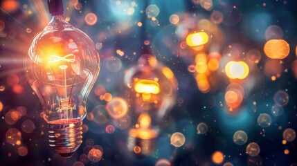 Illuminated Ideas: A Dynamic Burst of Glowing Lightbulbs Symbolizing Creativity and Innovation - obrazy, fototapety, plakaty