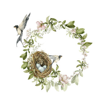 Watercolor floral frame. Hand drawing wreath of nest with eggs, flowers, leaves, birds. Field flowers, leaf, spring greenery. Border isolated on white background for easter card design, print