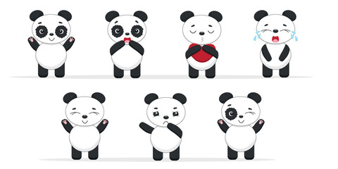 Set of cute pandas with different emotions on a white background