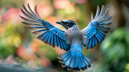 A blue bird with a black beak is flying in the air