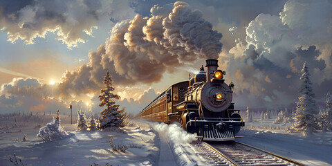 A painting of a train going through the snow. Fantasy train is running on the track in darkest smoke Steam locomotive in the sky with clouds. 3D illustration.