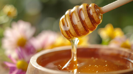 Honey drizzling from a wooden dipper with flowers in the background capturing its pure essence - obrazy, fototapety, plakaty