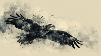 A black eagle is flying through the sky with a white background - obrazy, fototapety, plakaty