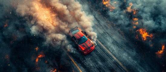 A dynamic aerial shot of a red car speeding away from an explosive scene with intense flames and smoke. Car drifting on asphalt race track