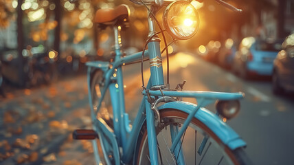 Close-up of bicycle riding in modern city, driving through busy streets, eco friendly and alternative transportation, bike ride in golden hour - obrazy, fototapety, plakaty