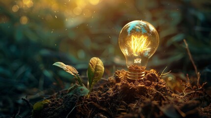 Illuminated Idea Emergence - A Glowing Bulb Unearths Hidden Treasures Amidst Nature