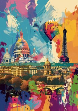 Retro travel poster depicts modern Paris with bold colors and stylized landmarks.